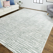 Gray Green And Ivory Striped Distressed Stain Resistant Area Rug  10' x 13'