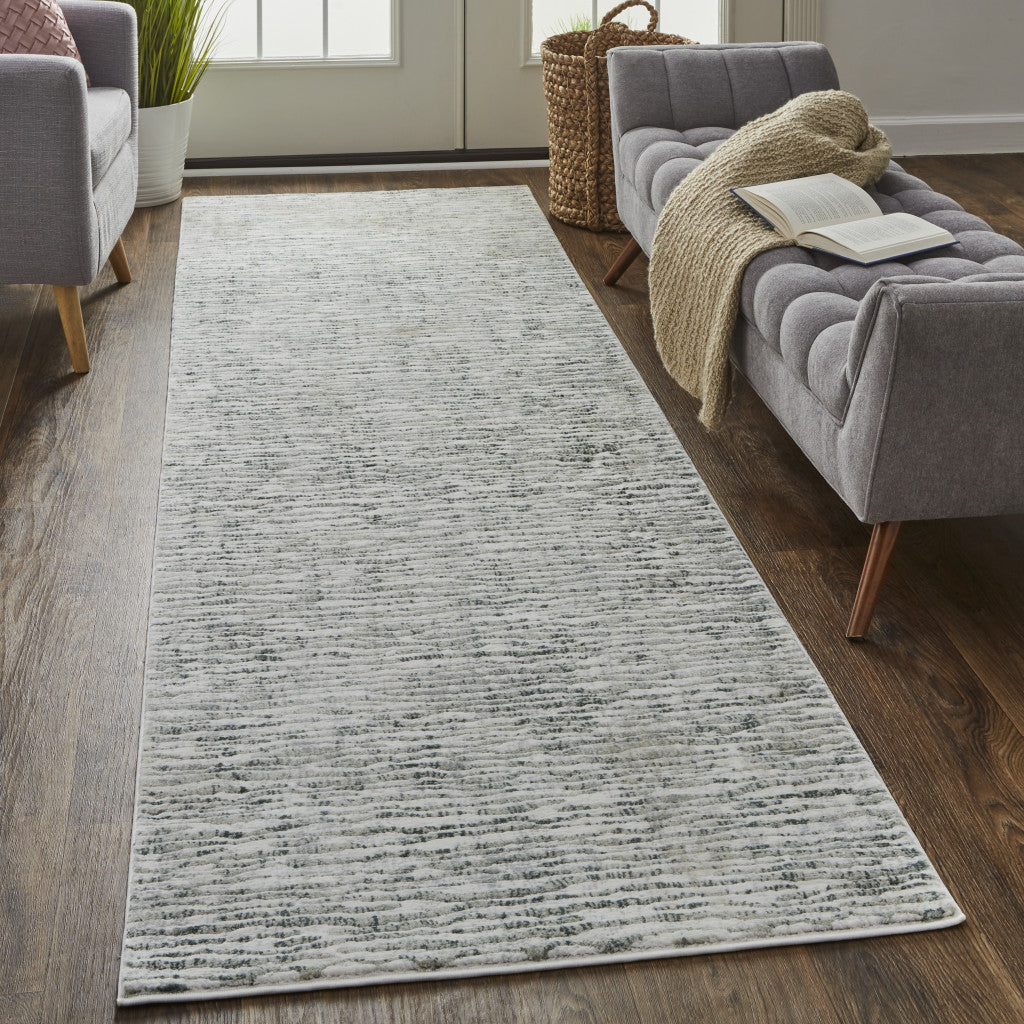 Gray Green And Ivory Striped Distressed Stain Resistant Area Rug  10' x 13'