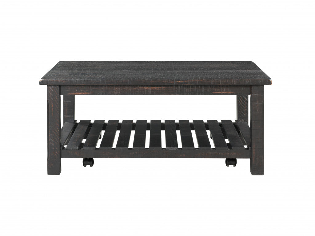 42" Antique Black Solid Wood Rectangular Distressed Coffee Table With Shelf