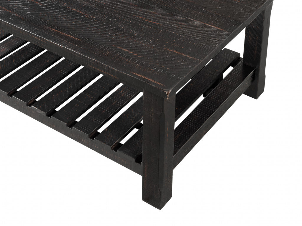 42" Antique Black Solid Wood Rectangular Distressed Coffee Table With Shelf