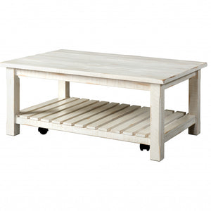 42" Antique White Solid Wood Rectangular Distressed Coffee Table With Shelf