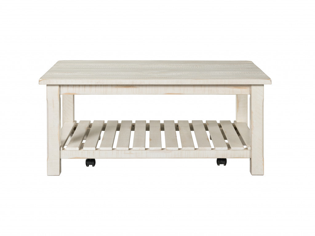 42" Antique White Solid Wood Rectangular Distressed Coffee Table With Shelf