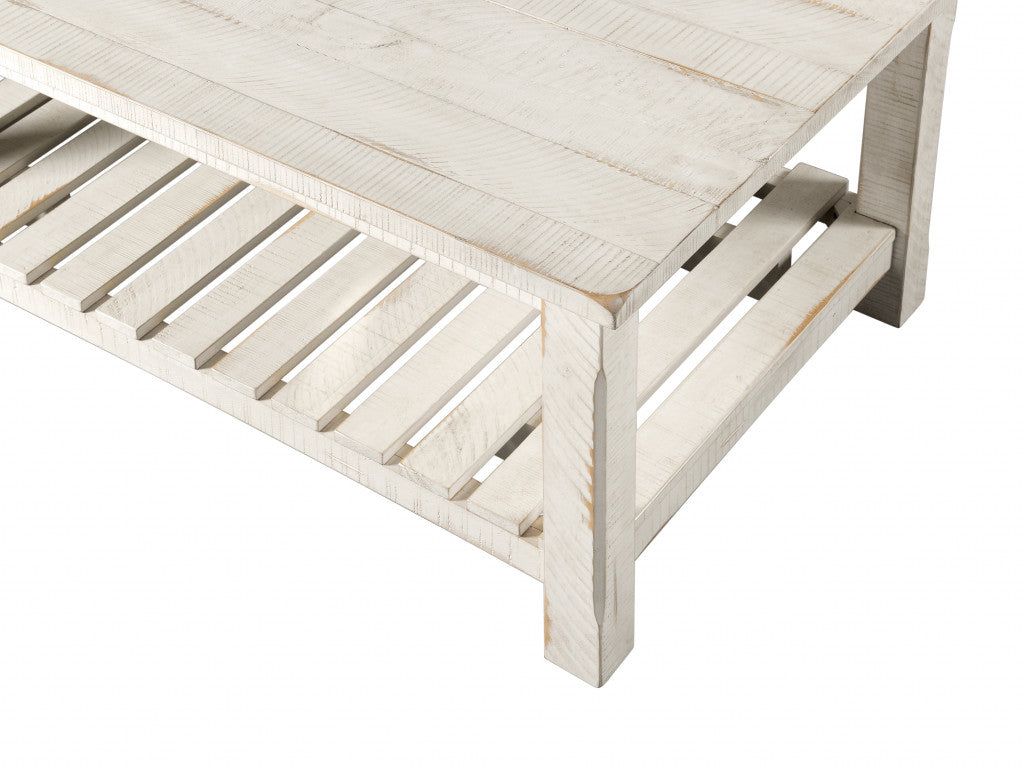 42" Antique White Solid Wood Rectangular Distressed Coffee Table With Shelf