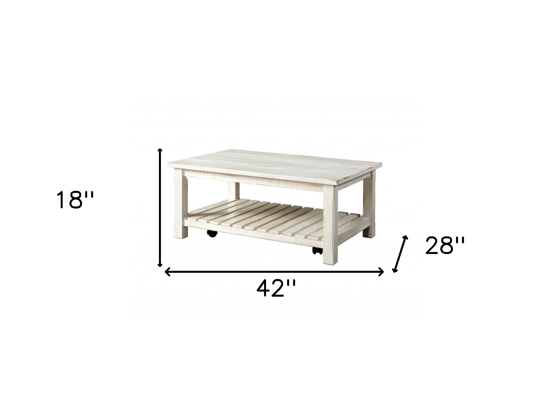 42" Antique White Solid Wood Rectangular Distressed Coffee Table With Shelf