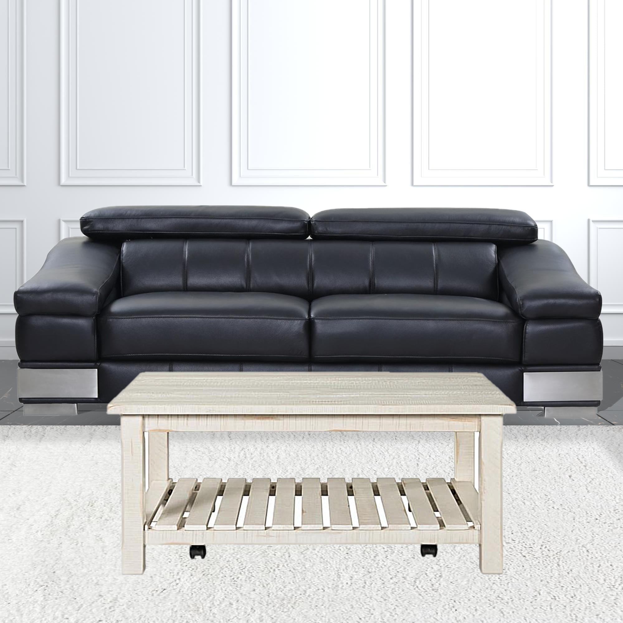 42" Antique White Solid Wood Rectangular Distressed Coffee Table With Shelf