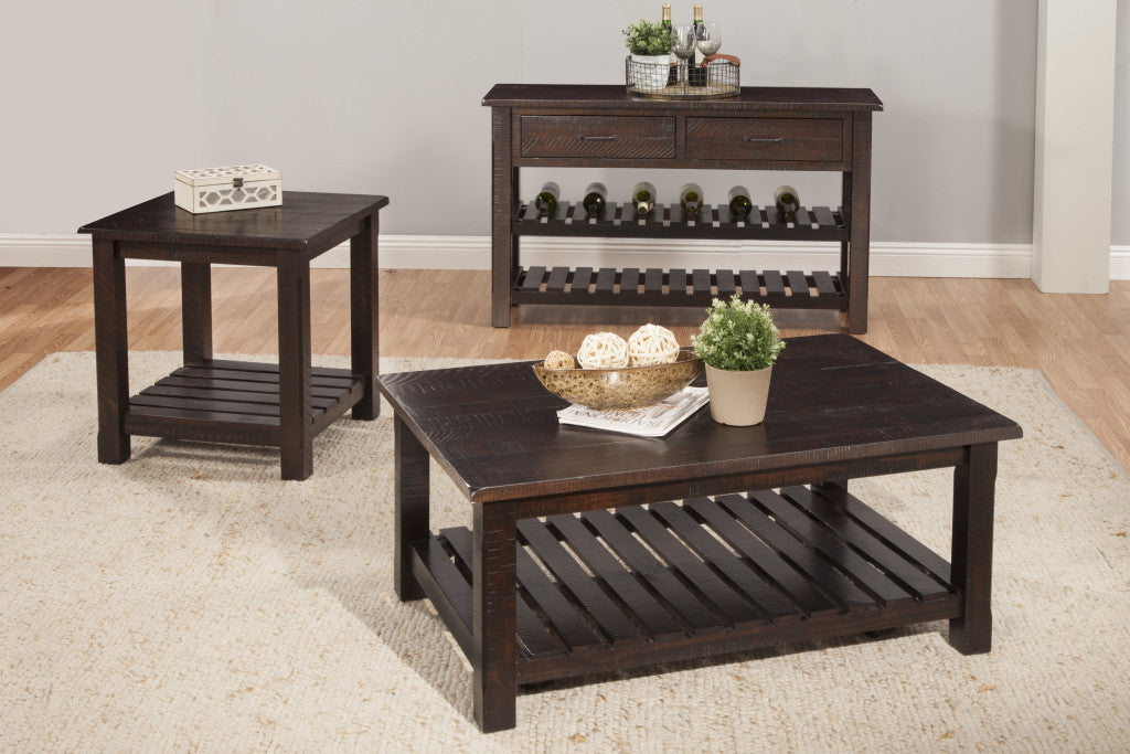 42" Espresso Solid Wood Rectangular Distressed Coffee Table With Shelf