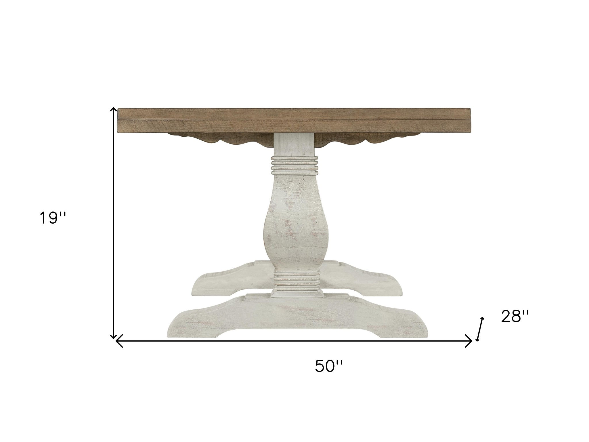 Mesa de centro de pedestal envejecida de madera natural reciclada y blanca de 50"
