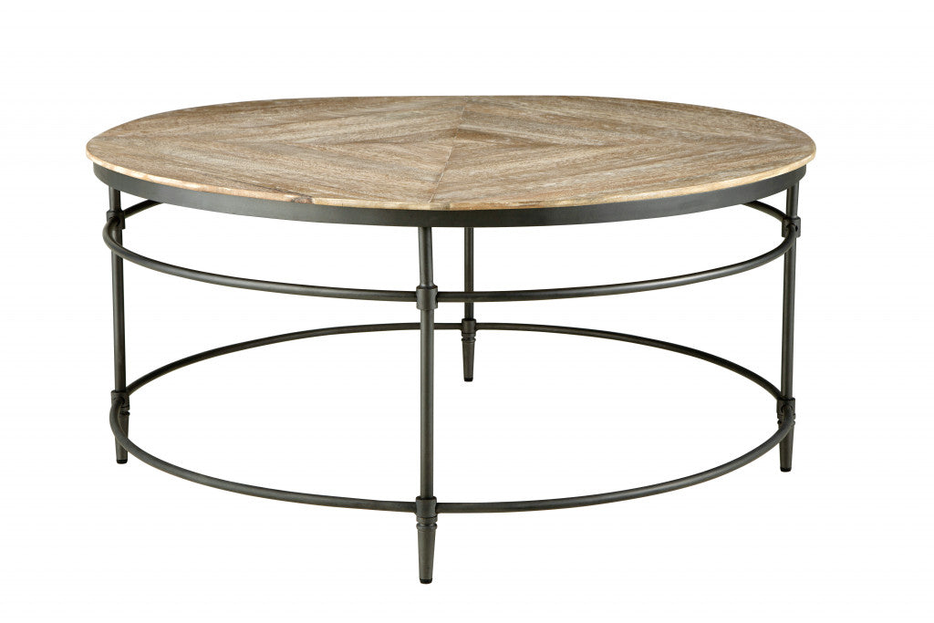 Mesa de centro envejecida redonda de madera de mango lavada en negro y rústico de 38"