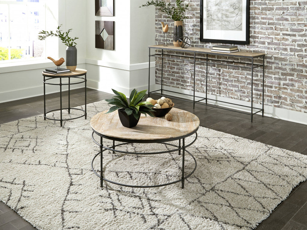 Mesa de centro envejecida redonda de madera de mango lavada en negro y rústico de 38"