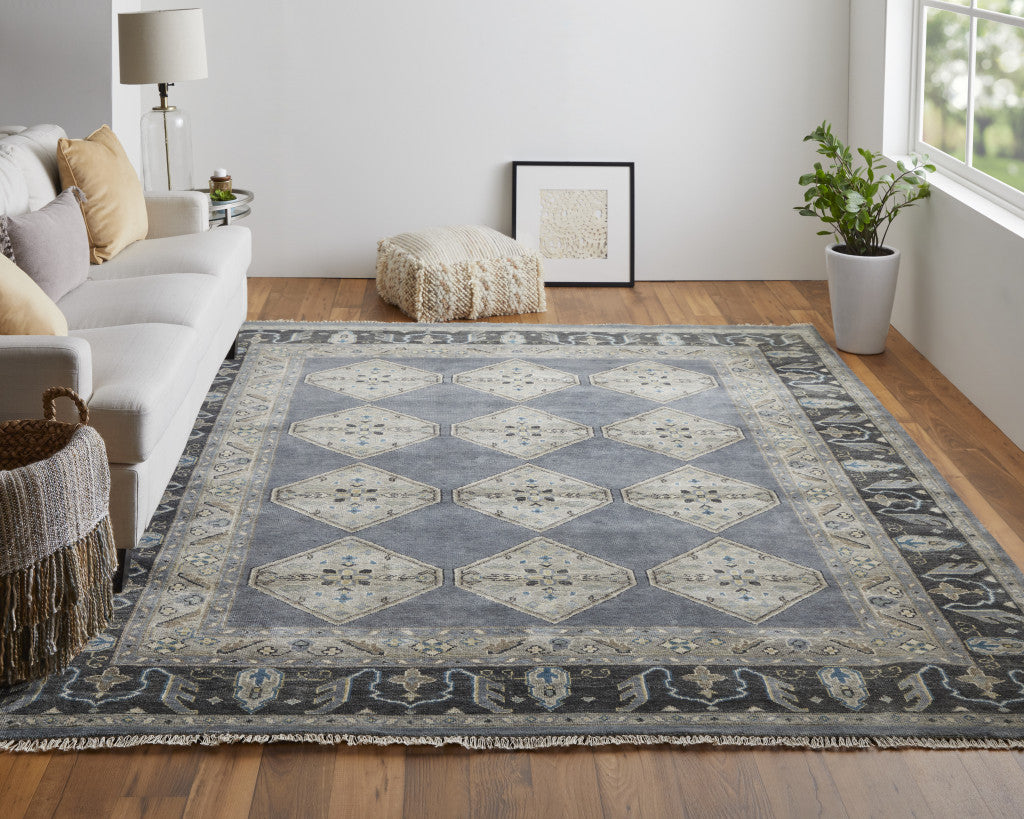 2' X 3' Blue Gray And Taupe Wool Floral Hand Knotted Stain Resistant Area Rug