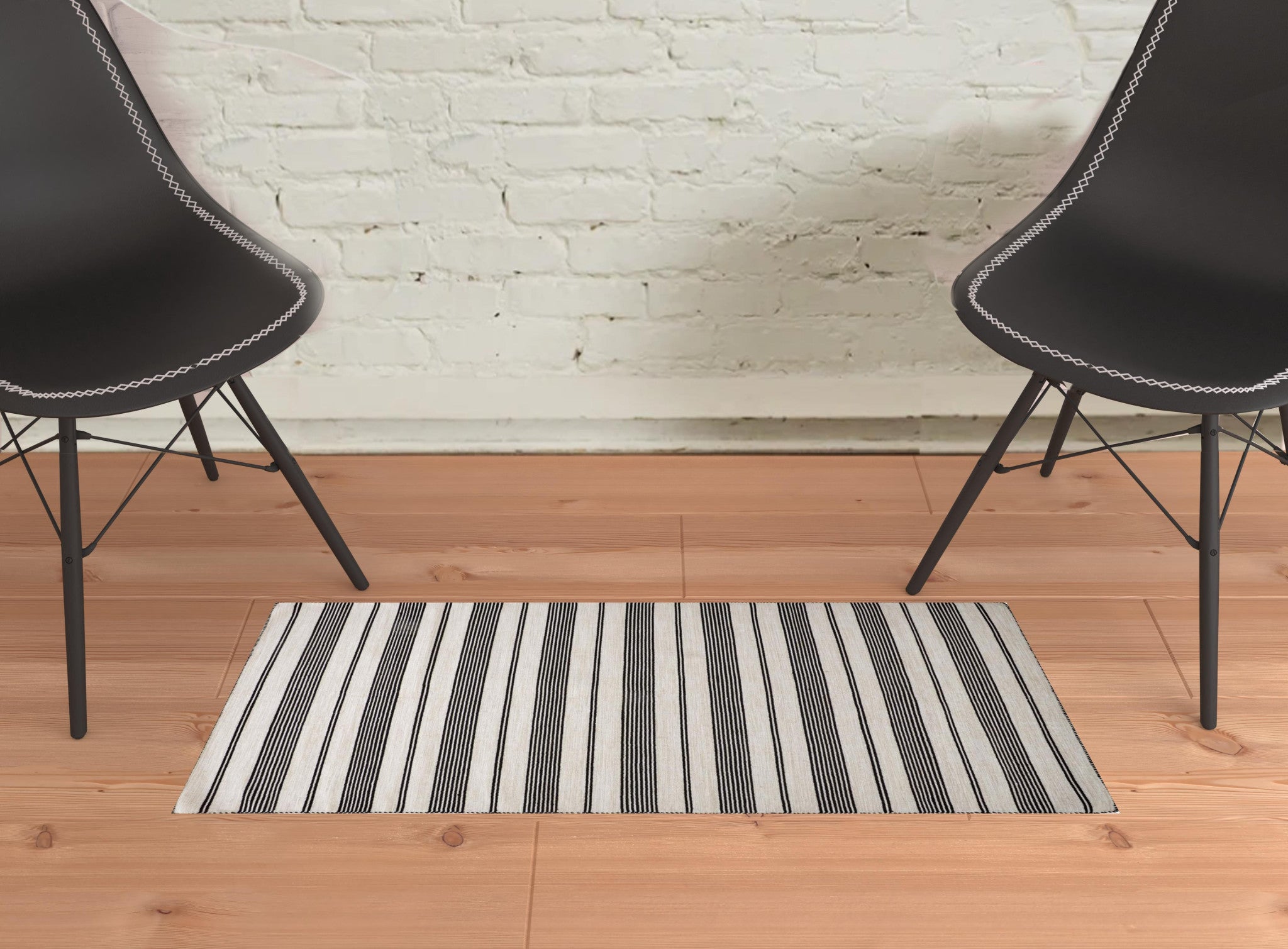 2' X 3' Black And White Striped Dhurrie Hand Woven Stain Resistant Area Rug