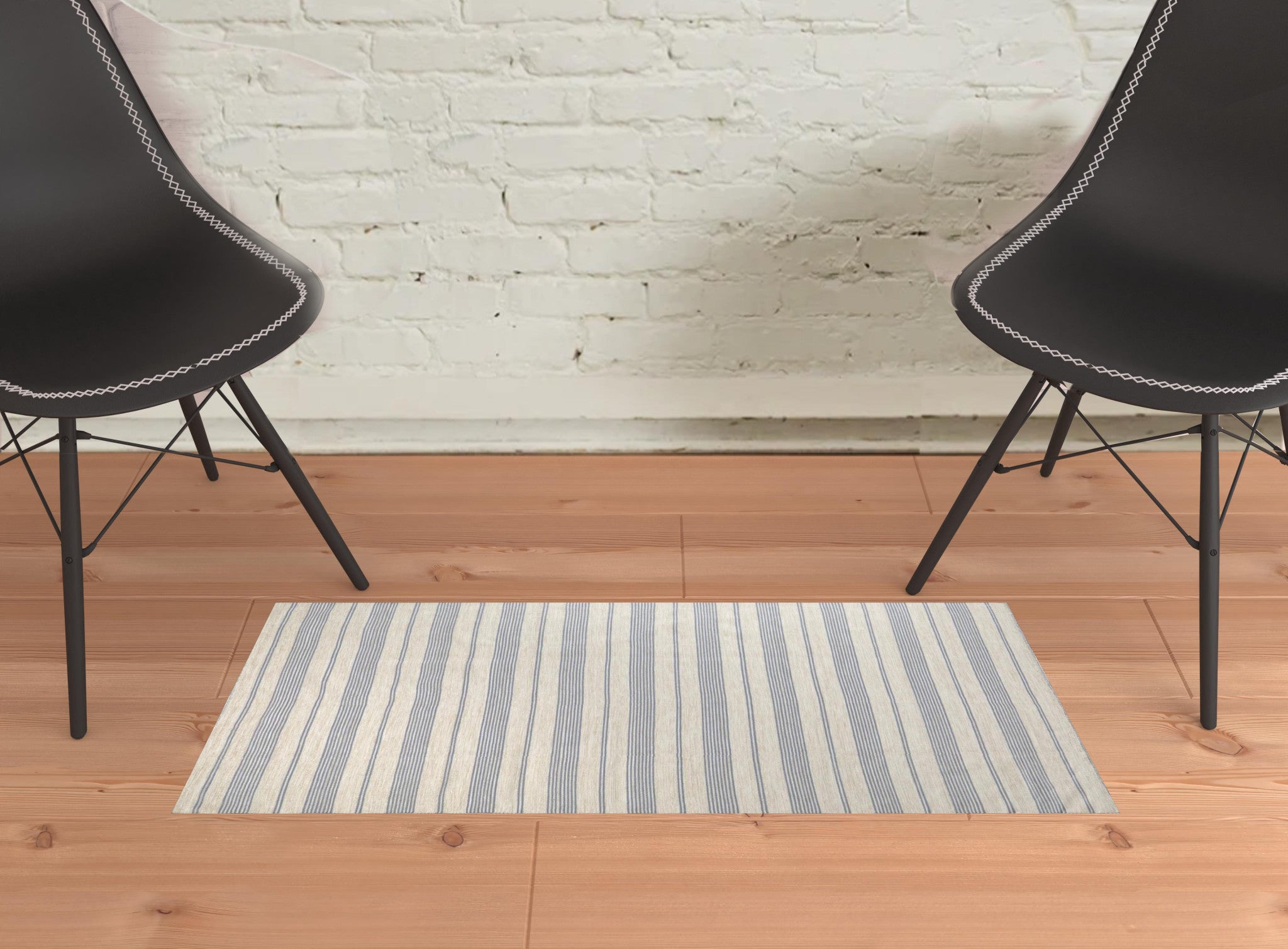 2' X 3' Blue Ivory And Tan Striped Dhurrie Hand Woven Stain Resistant Area Rug