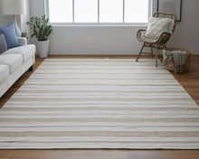 2' X 3' Ivory Taupe And Brown Striped Dhurrie Hand Woven Stain Resistant Area Rug