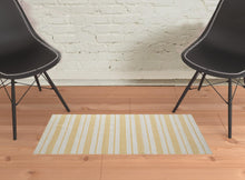 2' X 3' Yellow And Ivory Striped Dhurrie Hand Woven Stain Resistant Area Rug