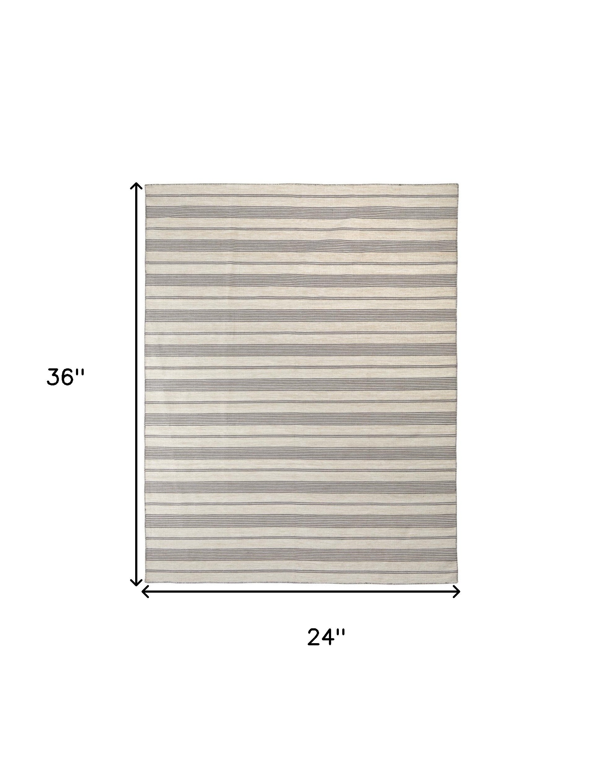 2' X 3' Gray And Ivory Striped Dhurrie Hand Woven Stain Resistant Area Rug