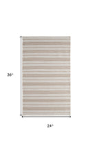 2' X 3' Ivory And Taupe Striped Dhurrie Hand Woven Stain Resistant Area Rug