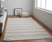2' X 3' Ivory And Taupe Striped Dhurrie Hand Woven Stain Resistant Area Rug