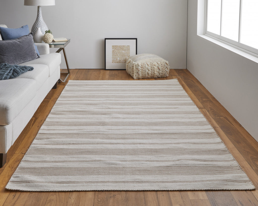 2' X 3' Ivory And Taupe Striped Dhurrie Hand Woven Stain Resistant Area Rug