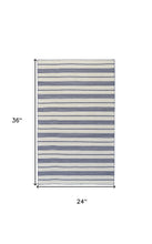 2' X 3' Blue And Ivory Striped Dhurrie Hand Woven Stain Resistant Area Rug
