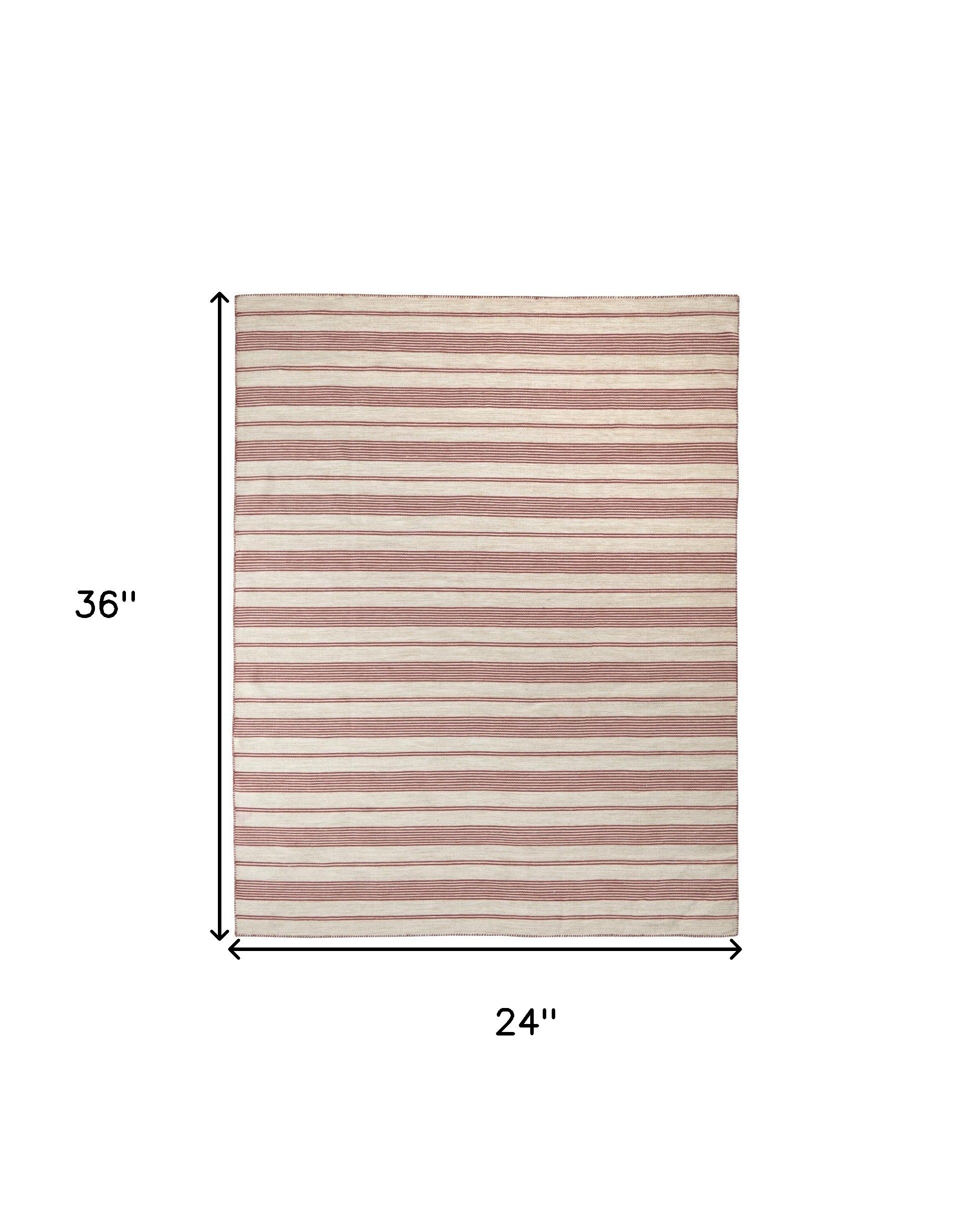 Red And Ivory Striped Dhurrie Hand Woven Stain Resistant Area Rug - 2' x 3'