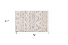 2' X 3' Ivory Gray And Blue Wool Geometric Dhurrie Flatweave Handmade Area Rug With Fringe