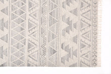 2' X 3' Ivory Gray And Blue Wool Geometric Dhurrie Flatweave Handmade Area Rug With Fringe