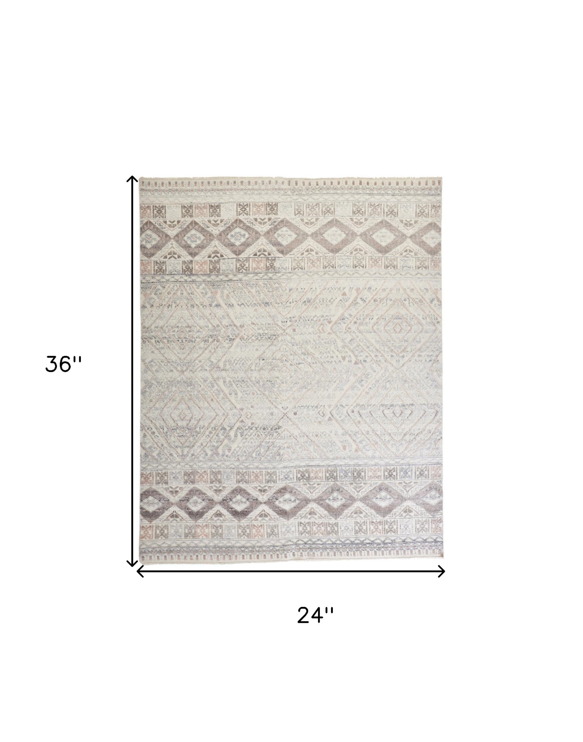 2' X 3' Gray Ivory And Pink Geometric Hand Knotted Area Rug