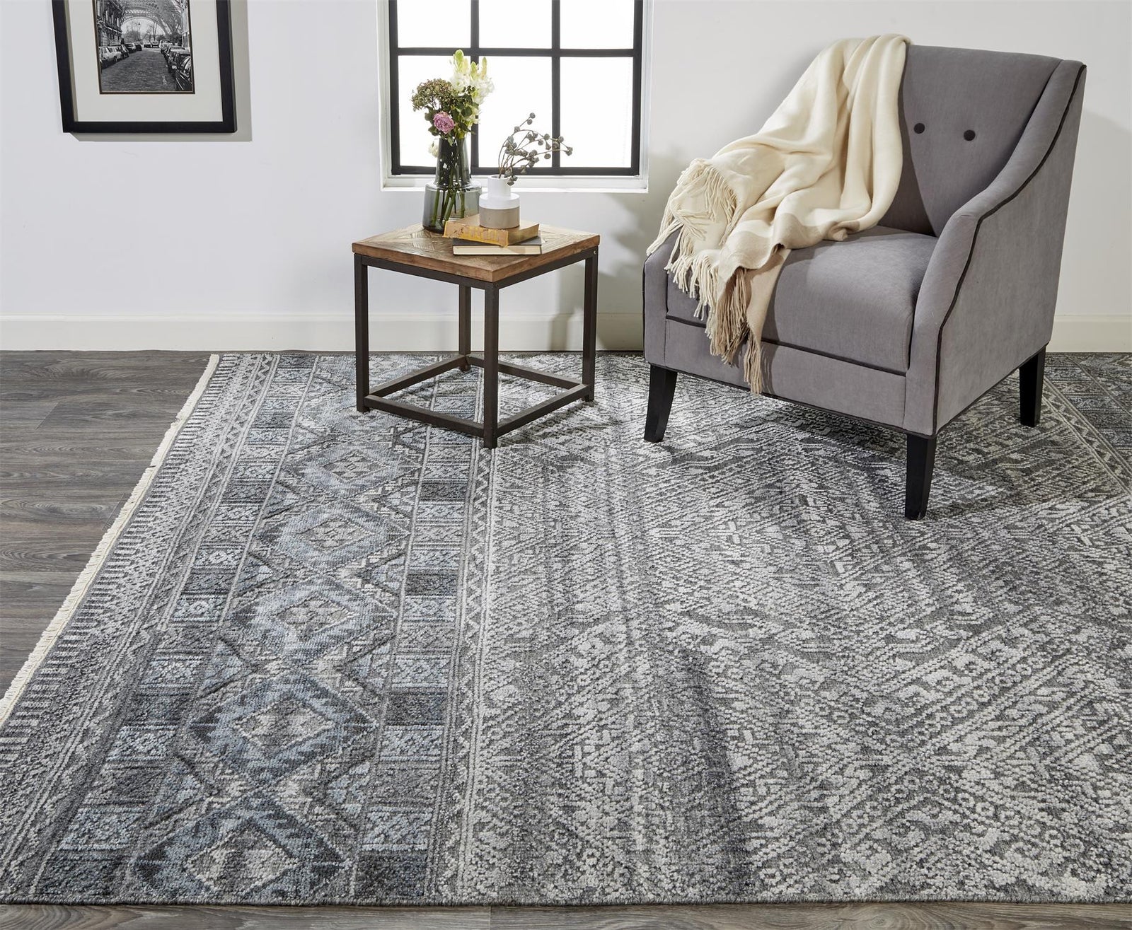 2' X 3' Gray Ivory And Blue Geometric Hand Knotted Area Rug