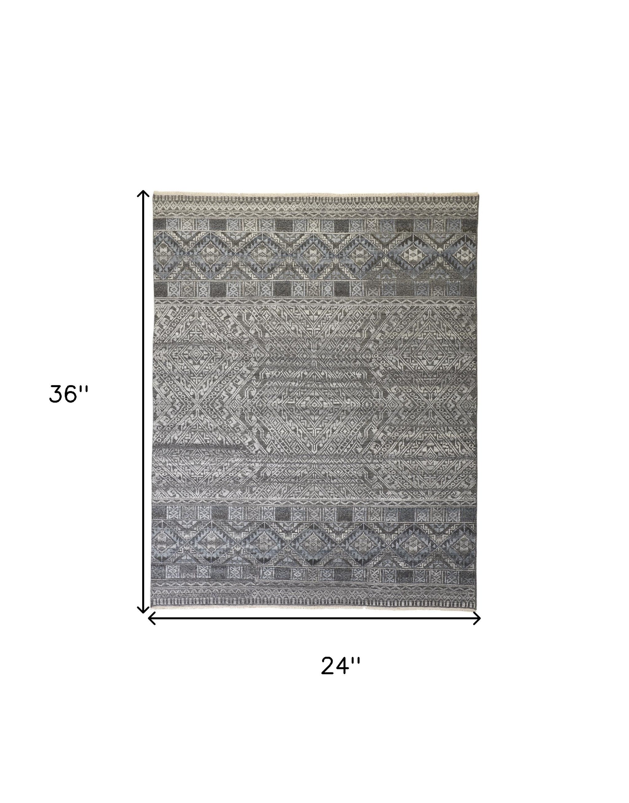 2' X 3' Gray Ivory And Blue Geometric Hand Knotted Area Rug