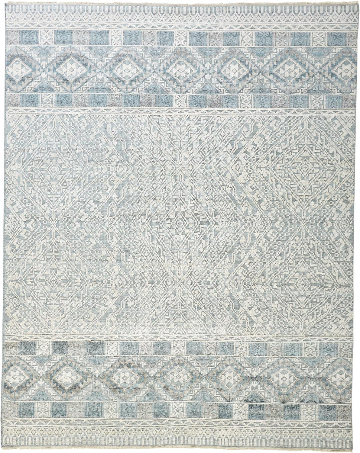 2' X 3' Ivory Blue And Gray Geometric Hand Knotted Area Rug