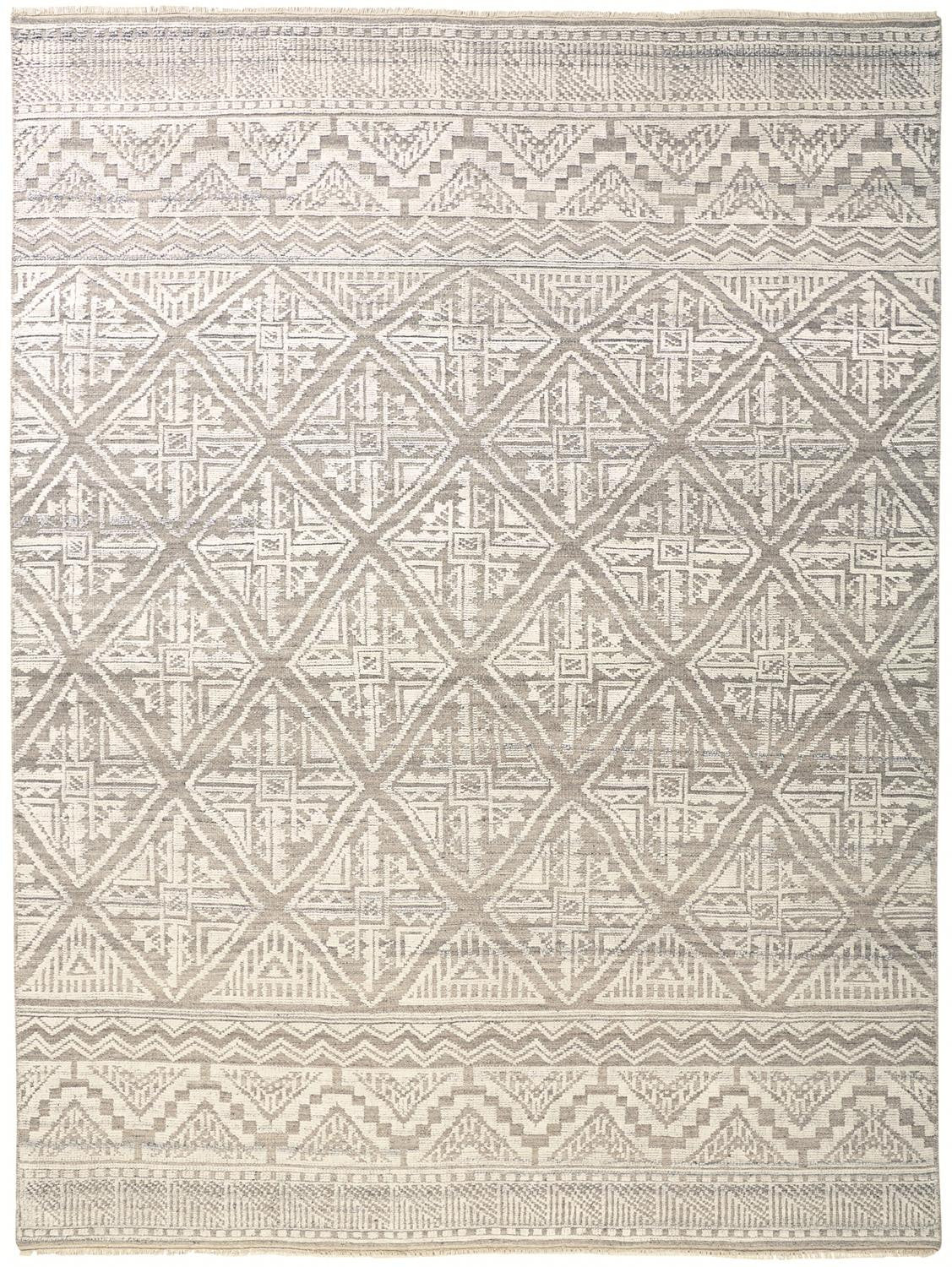 2' X 3' Ivory Tan And Gray Geometric Hand Knotted Area Rug