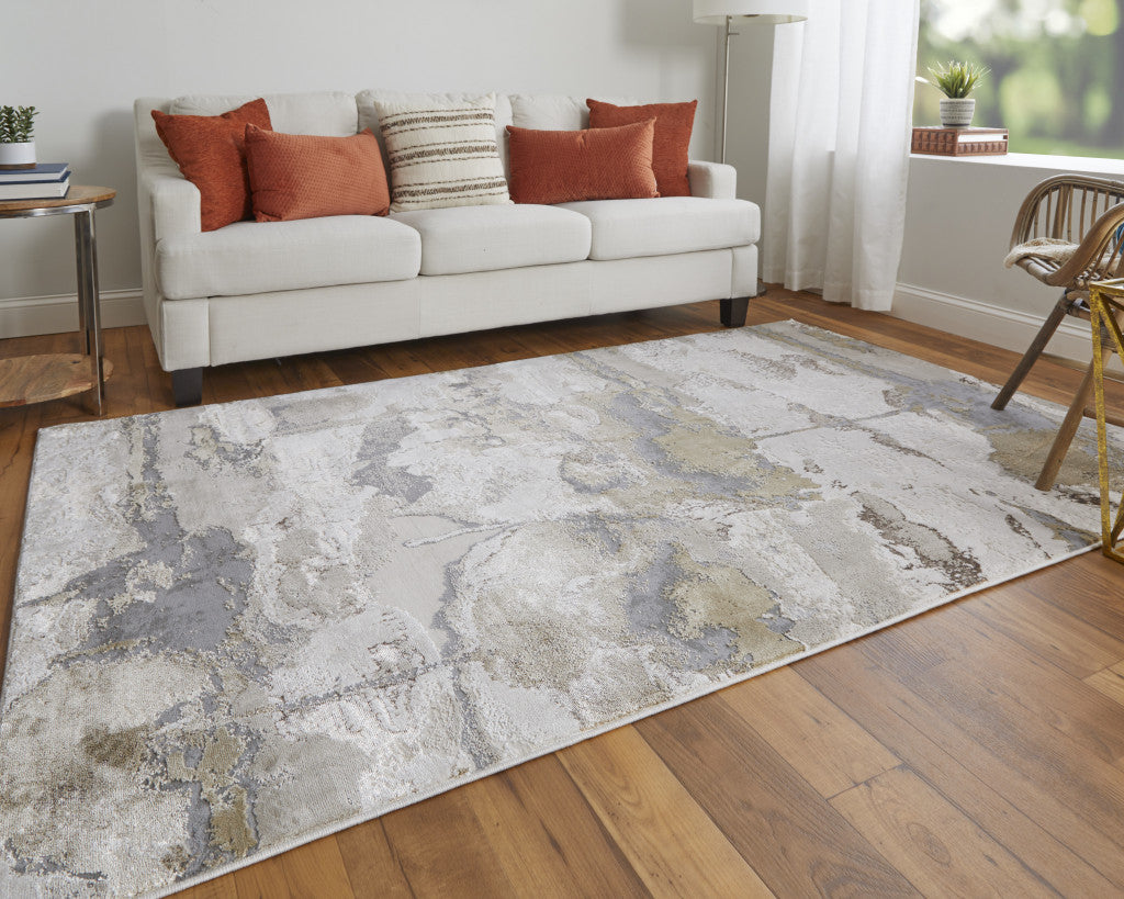 Gray Ivory And Gold Abstract Stain Resistant Area Rug - 2' x 3'