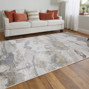 Gray Ivory And Gold Abstract Stain Resistant Area Rug - 2' x 3'