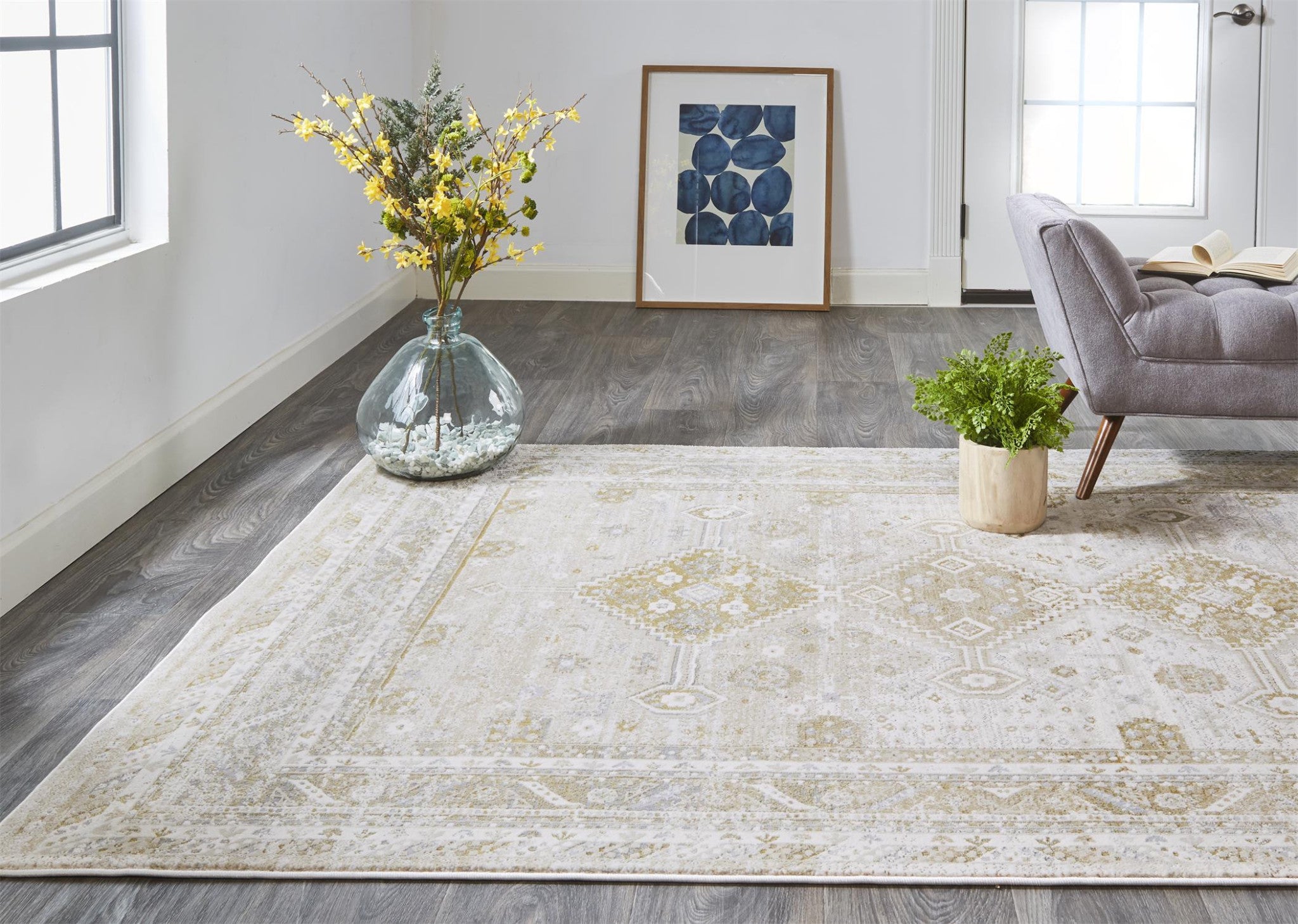 Gold And Ivory Floral Stain Resistant Area Rug - 2' x 3'
