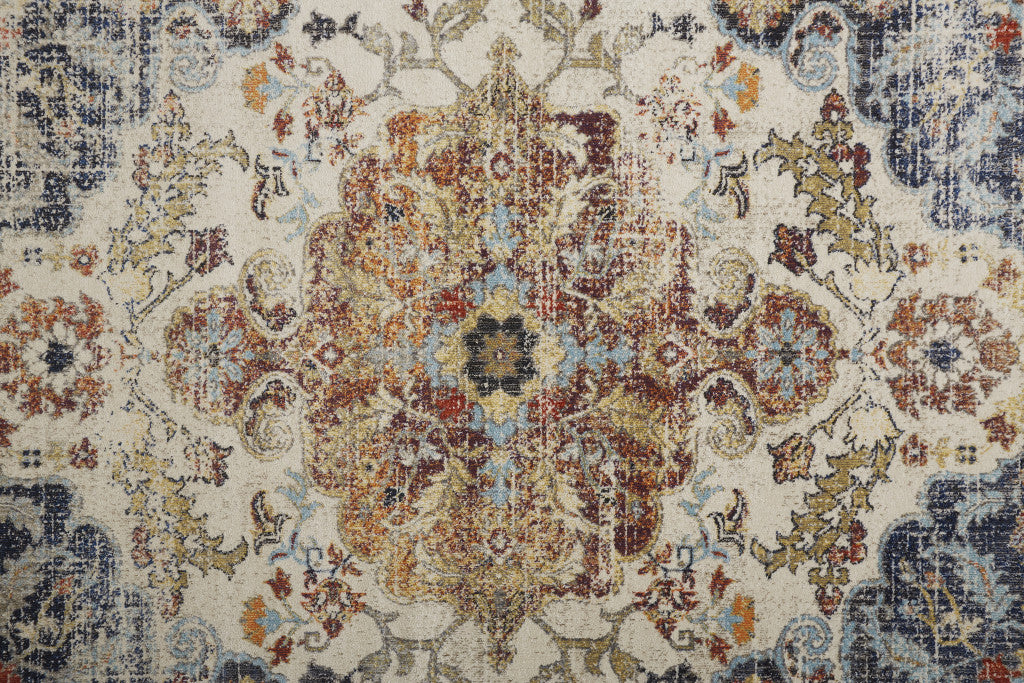 2' X 3' Ivory Gold And Blue Floral Stain Resistant Area Rug