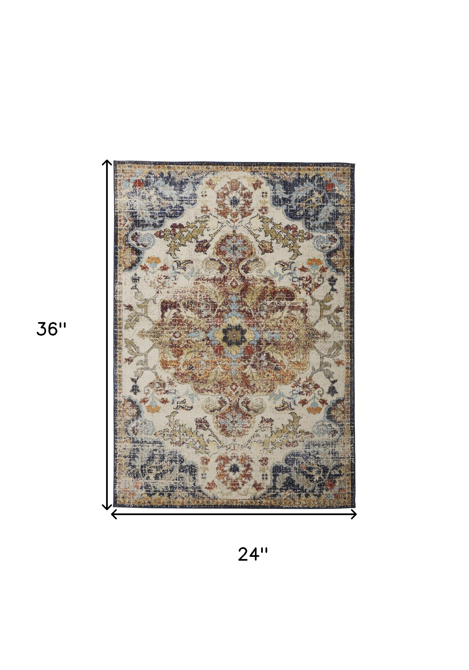 2' X 3' Ivory Gold And Blue Floral Stain Resistant Area Rug