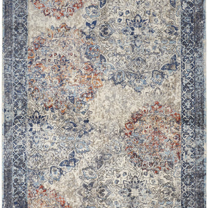 2' X 3' Blue Ivory And Red Floral Power Loom Distressed Stain Resistant Area Rug