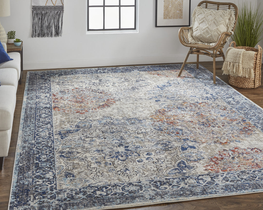 2' X 3' Blue Ivory And Red Floral Power Loom Distressed Stain Resistant Area Rug
