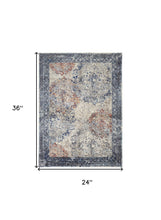 2' X 3' Blue Ivory And Red Floral Power Loom Distressed Stain Resistant Area Rug