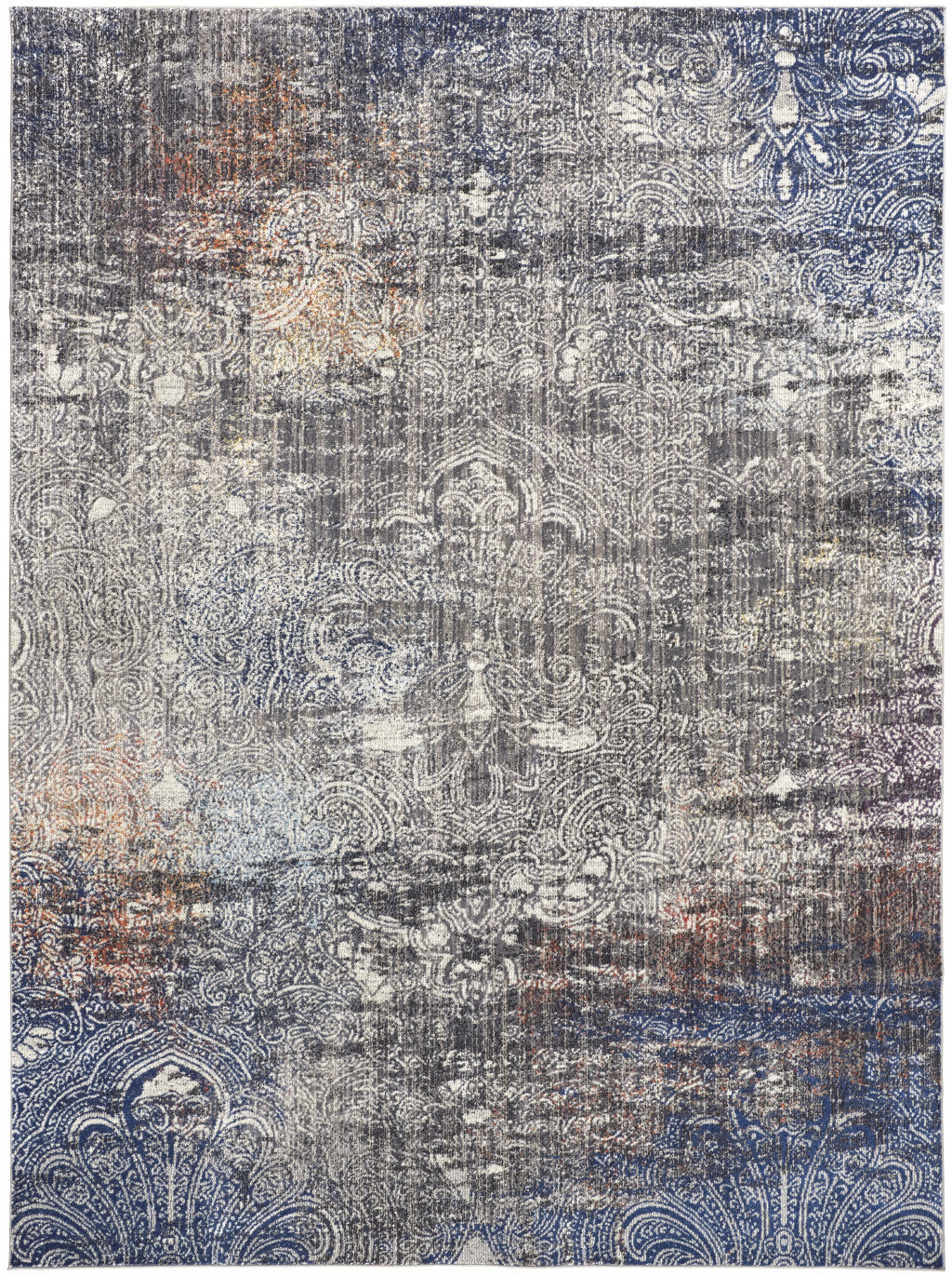 2' X 3' Taupe Blue And Ivory Abstract Power Loom Distressed Stain Resistant Area Rug