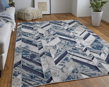 2' X 3' Ivory Blue And Gray Chevron Power Loom Distressed Area Rug