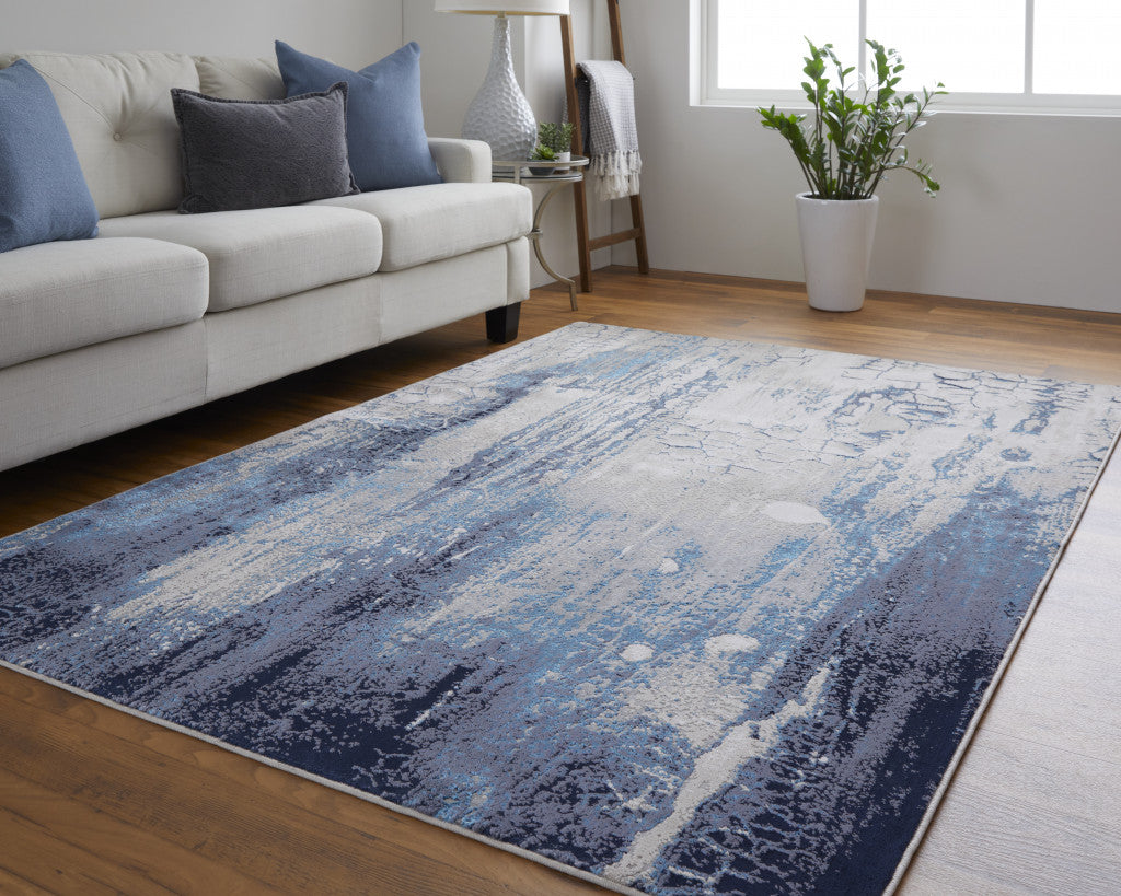 2' X 3' Ivory Blue And Black Abstract Power Loom Distressed Area Rug