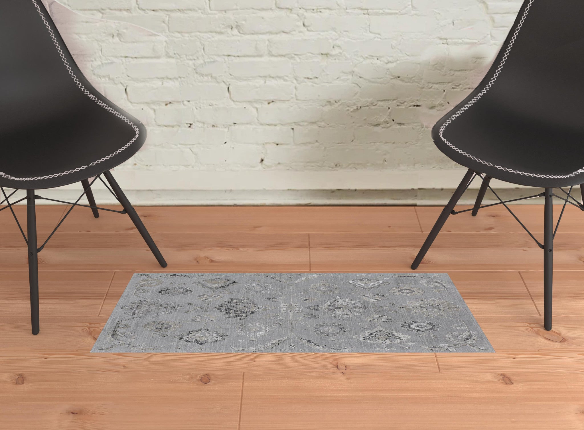2' X 3' Silver And Black Floral Power Loom Distressed Area Rug