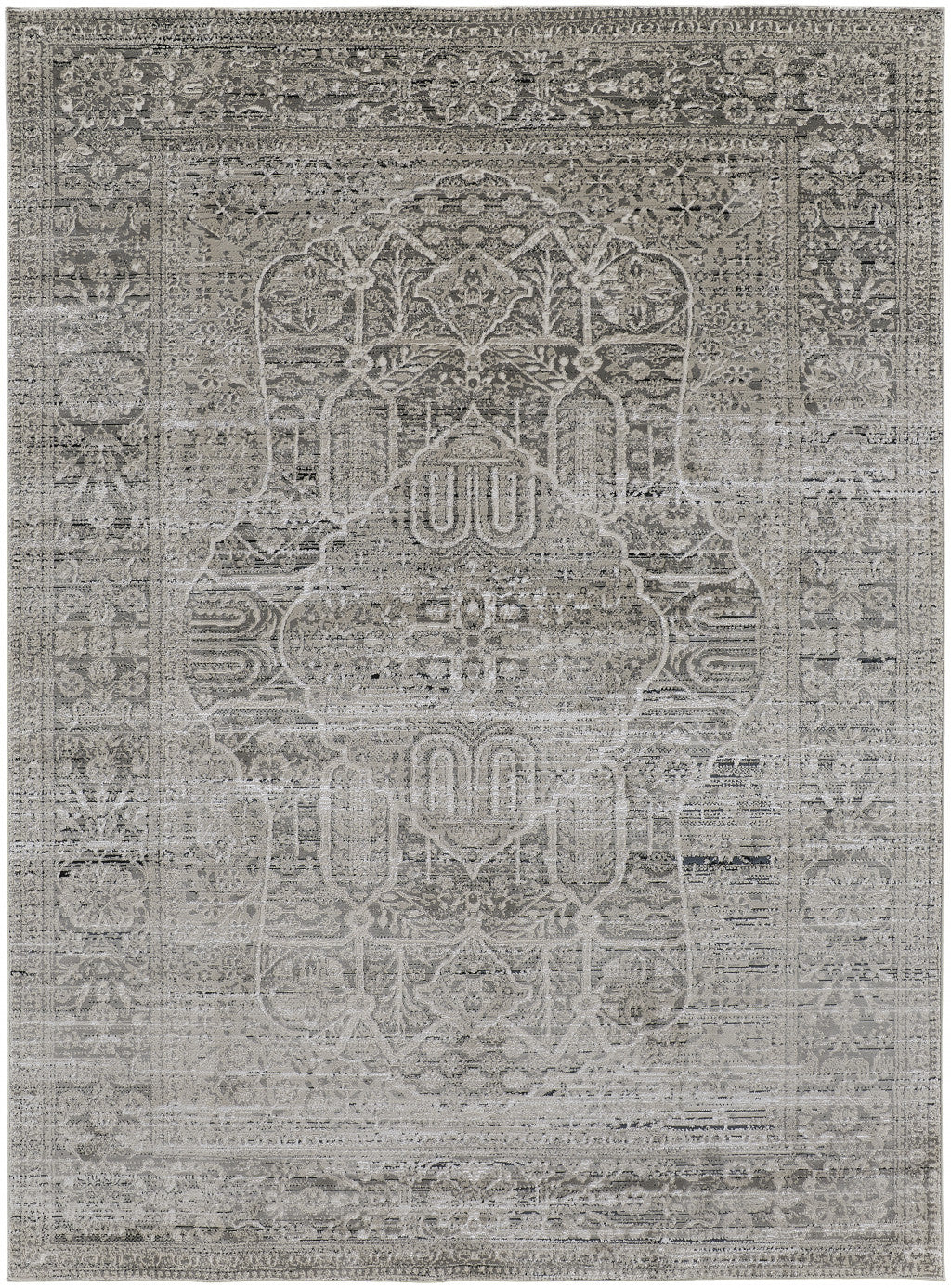 2' X 3' Gray Silver And Taupe Floral Power Loom Distressed Area Rug