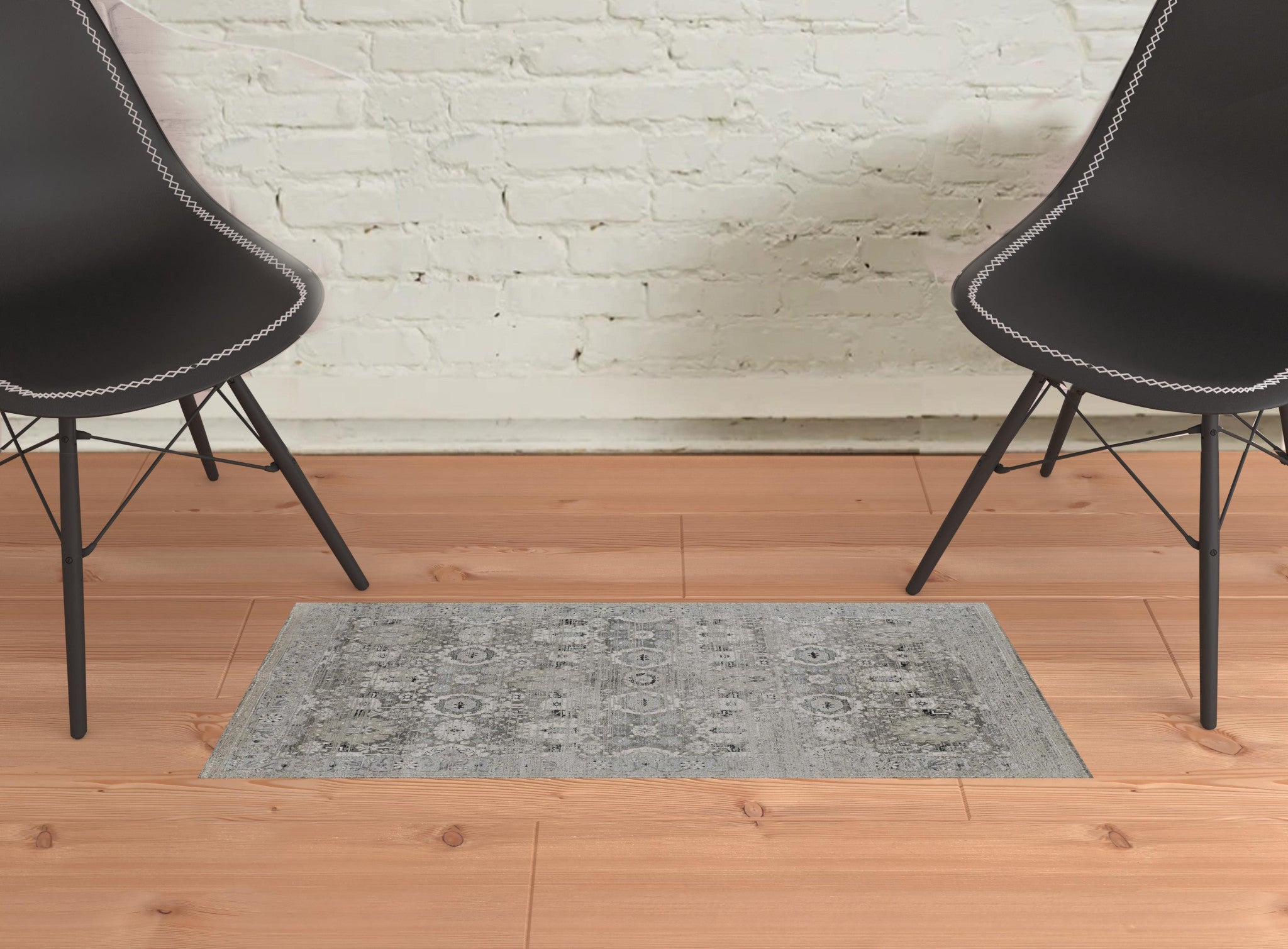 2' X 3' Gray And Silver Abstract Power Loom Distressed Area Rug