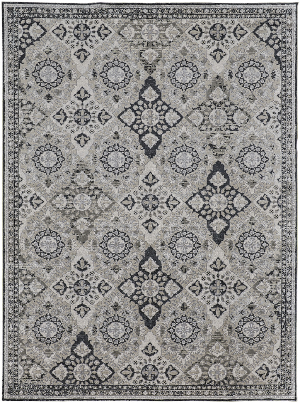 2' X 3' Gray And Black Floral Power Loom Area Rug