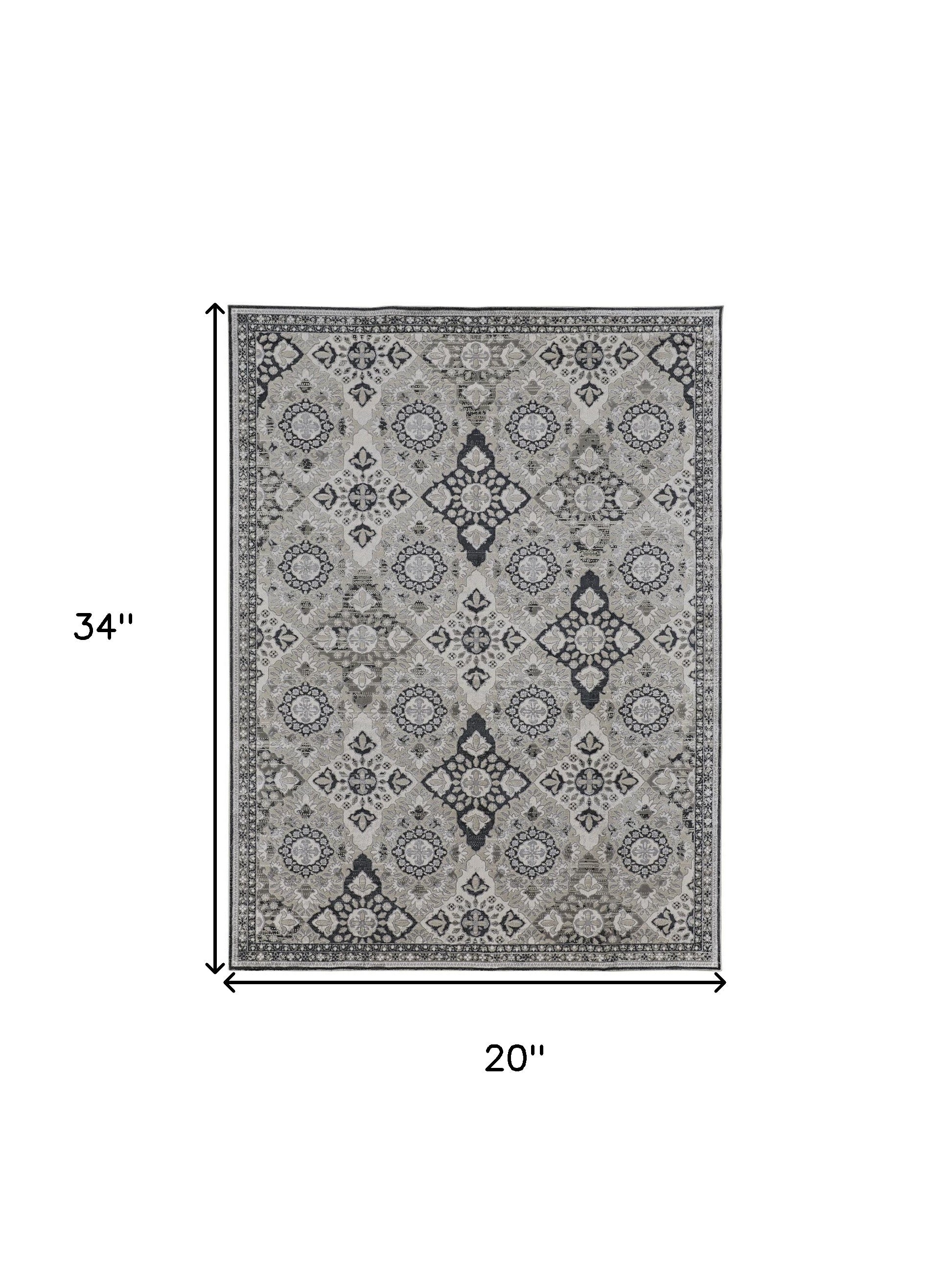 2' X 3' Gray And Black Floral Power Loom Area Rug
