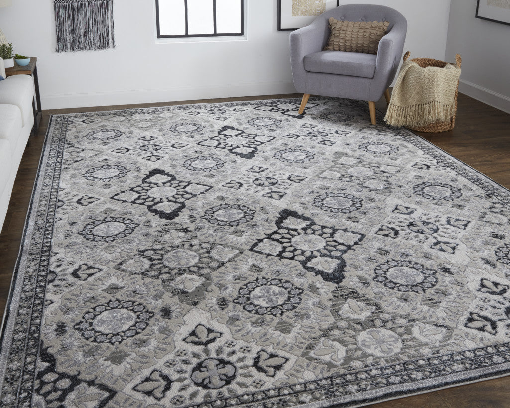 2' X 3' Gray And Black Floral Power Loom Area Rug