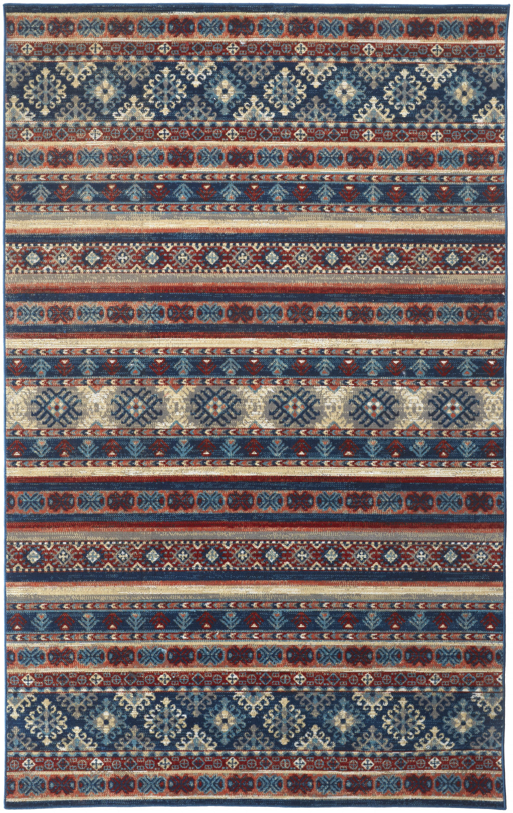 2' X 3' Blue Red And Ivory Geometric Power Loom Distressed Stain Resistant Area Rug