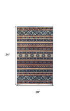 2' X 3' Blue Red And Ivory Geometric Power Loom Distressed Stain Resistant Area Rug